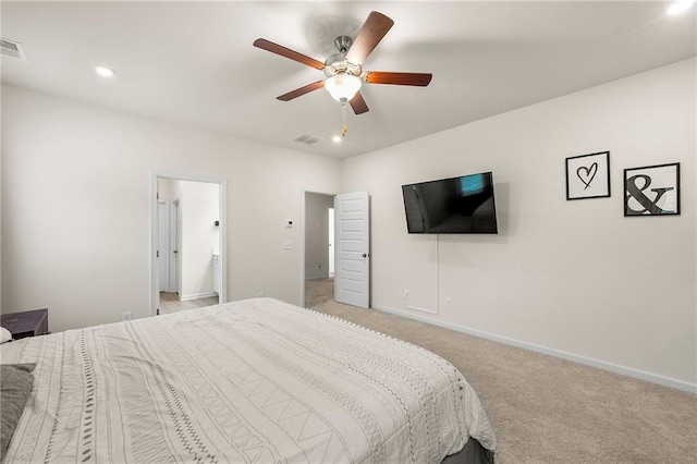228 Whitneys Way, Dallas, GA 30157 - bedroom with light carpet, baseboards, recessed lighting, and a ceiling fan