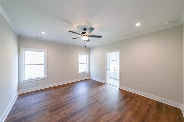 82 Lexie Ct, Rockmart, GA 30153 - empty room featuring ornamental molding, a ceiling fan, baseboards, dark wood-type flooring, and recessed lighting