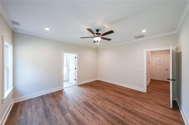 82 Lexie Ct, Rockmart, GA 30153 - spare room featuring ceiling fan, dark wood-style floors, ornamental molding, recessed lighting, and baseboards