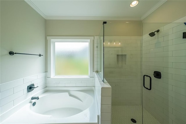 82 Lexie Ct, Rockmart, GA 30153 - bathroom with a shower stall, a garden tub, and ornamental molding