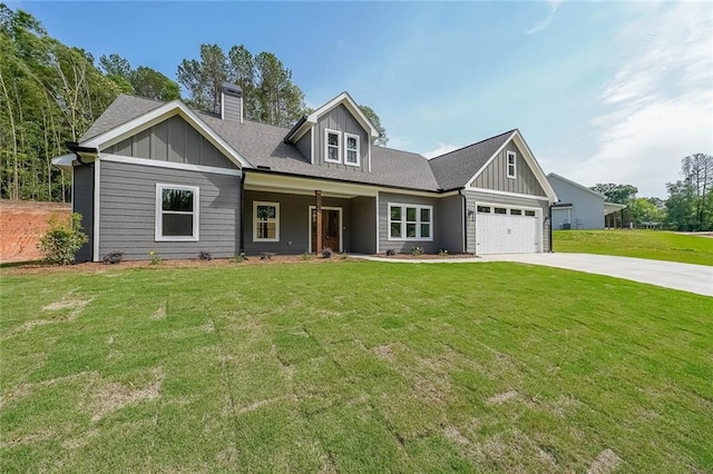 82 Lexie Ct, Rockmart, GA 30153 - view of front of home featuring board and batten siding, a chimney, concrete driveway, and a front lawn