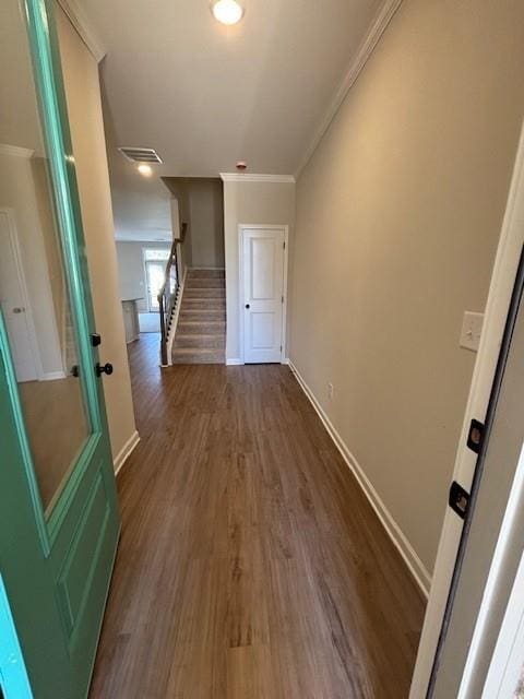 hallway with ornamental molding and dark wood-type flooring