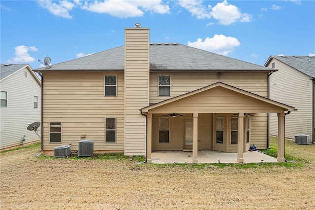 back of property with central air condition unit, a patio area, and ceiling fan