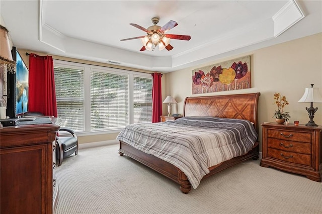 25 Hampreston Ct, Johns Creek, GA 30022 - bedroom with a raised ceiling, light colored carpet, crown molding, and a ceiling fan