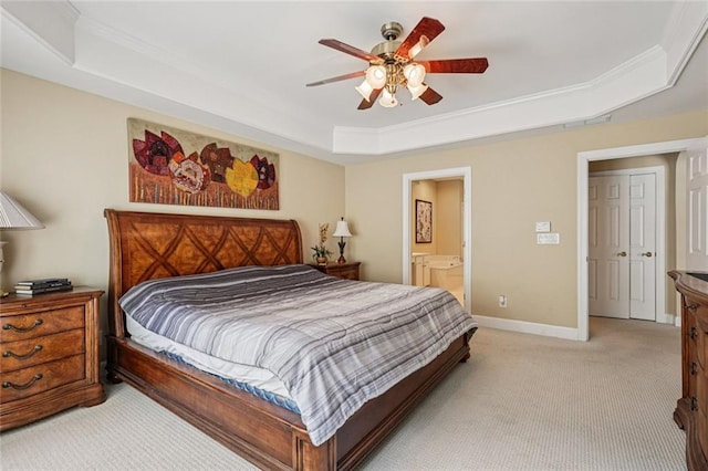 25 Hampreston Ct, Johns Creek, GA 30022 - bedroom with a tray ceiling, light carpet, crown molding, ensuite bathroom, and a ceiling fan