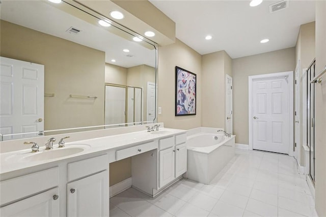 25 Hampreston Ct, Johns Creek, GA 30022 - full bathroom with a stall shower, a bath, double vanity, tile patterned flooring, and recessed lighting