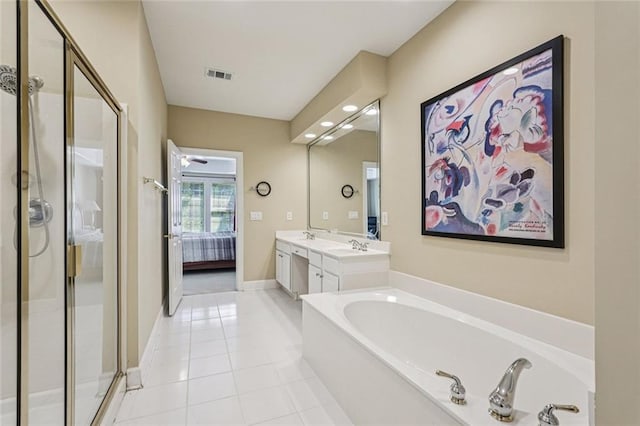 25 Hampreston Ct, Johns Creek, GA 30022 - full bathroom featuring a bath, double vanity, a stall shower, and tile patterned floors
