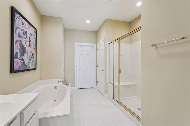 25 Hampreston Ct, Johns Creek, GA 30022 - bathroom with a shower stall, a bath, vanity, recessed lighting, and tile patterned flooring