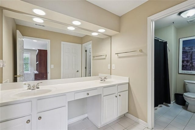 25 Hampreston Ct, Johns Creek, GA 30022 - full bath with tile patterned floors, double vanity, recessed lighting, and curtained shower