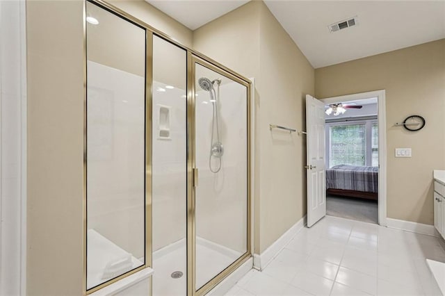 25 Hampreston Ct, Johns Creek, GA 30022 - ensuite bathroom with vanity, a stall shower, ceiling fan, and tile patterned flooring