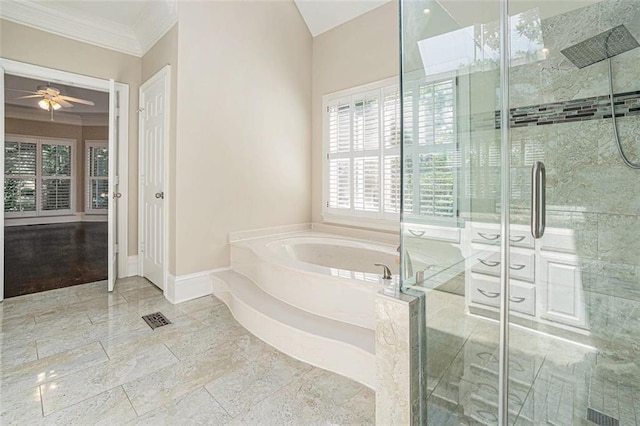 bathroom with ceiling fan, shower with separate bathtub, crown molding, and wood-type flooring