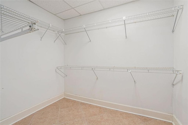 walk in closet with light tile patterned floors and a paneled ceiling