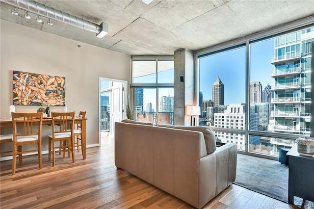 living room with a wall of windows, a city view, baseboards, and wood finished floors