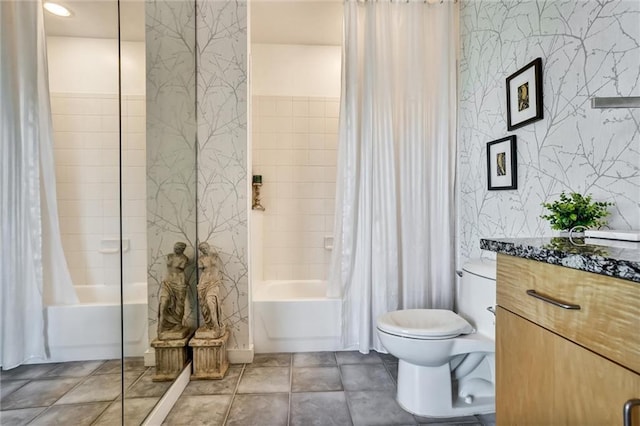 full bathroom with toilet, wallpapered walls, shower / bath combo with shower curtain, and vanity