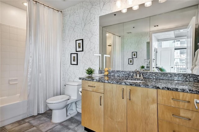 full bathroom featuring toilet, wallpapered walls, shower / tub combo, and vanity