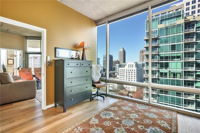 office space featuring expansive windows, a view of city, and wood finished floors