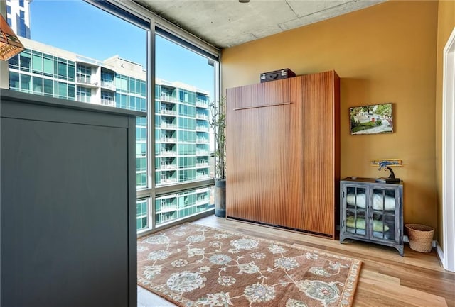 doorway featuring a wall of windows and wood finished floors