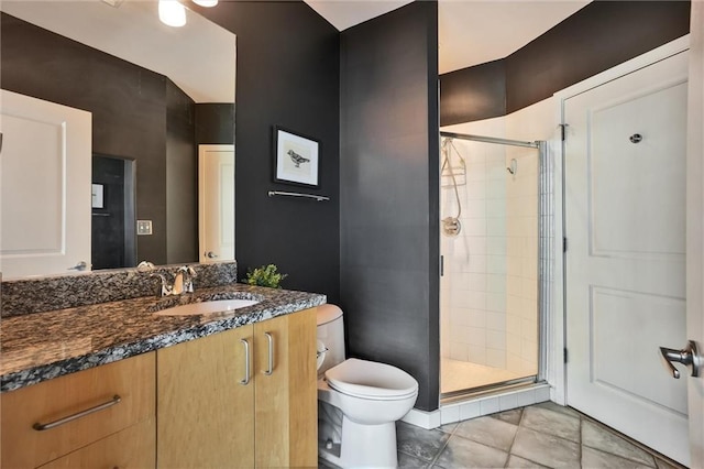 full bathroom with toilet, a shower stall, and vanity