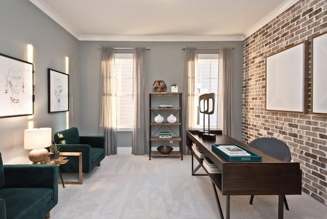 carpeted office space featuring a wealth of natural light and brick wall