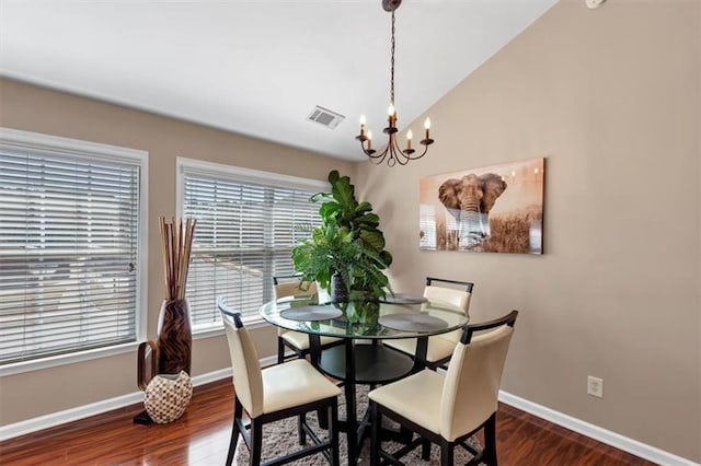 dining area featuring lofted ceiling, wood finished floors, visible vents, and baseboards