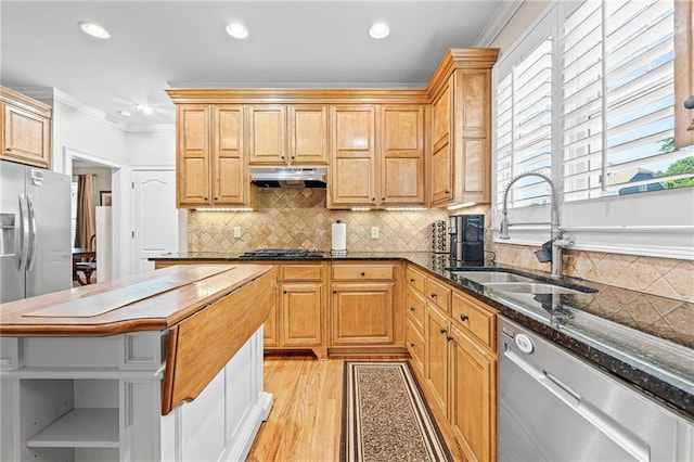 kitchen with appliances with stainless steel finishes, a sink, under cabinet range hood, ornamental molding, and light wood finished floors
