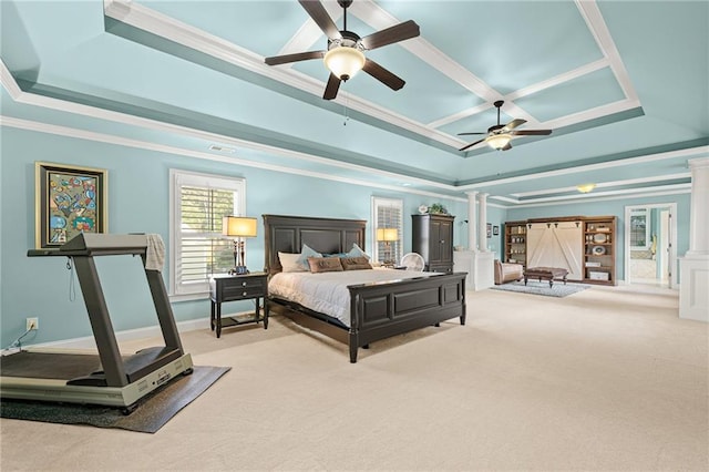 bedroom with decorative columns, crown molding, coffered ceiling, light carpet, and a raised ceiling