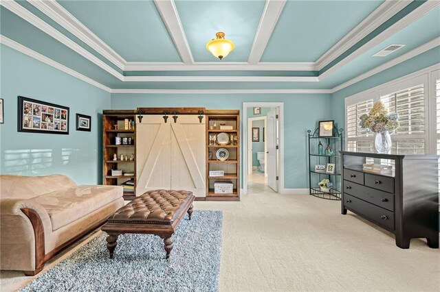 living room with carpet floors, ornamental molding, baseboards, and coffered ceiling