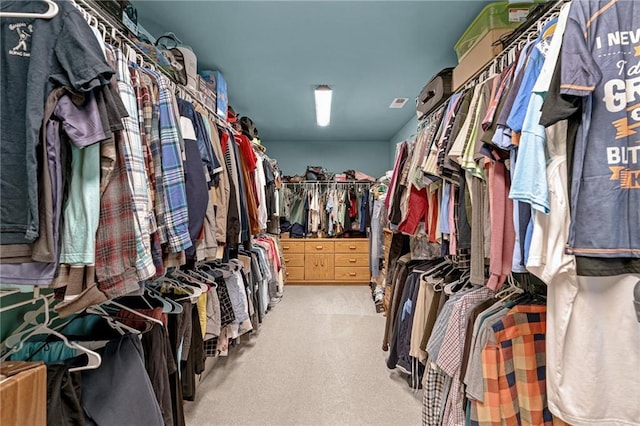 walk in closet with light colored carpet