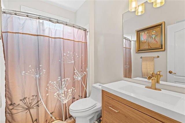 full bathroom with toilet, vanity, and a shower with curtain