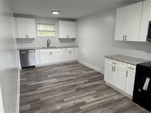 kitchen featuring electric range oven, white cabinets, dishwasher, sink, and dark hardwood / wood-style floors