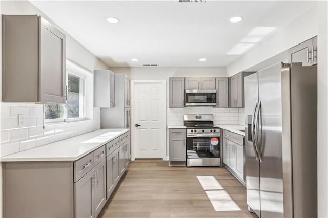 kitchen with backsplash, stainless steel appliances, and gray cabinetry