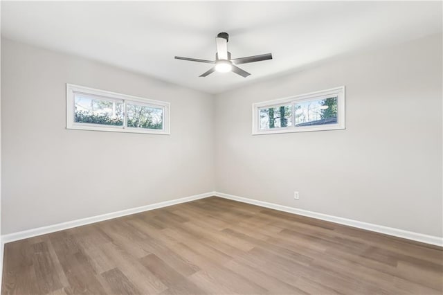 spare room featuring light hardwood / wood-style flooring, a wealth of natural light, and ceiling fan