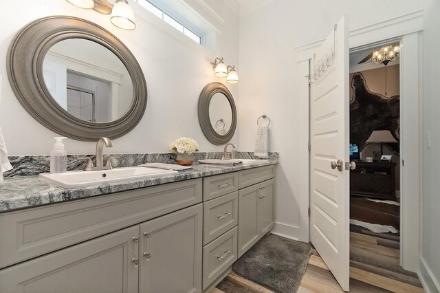 bathroom featuring vanity and hardwood / wood-style floors