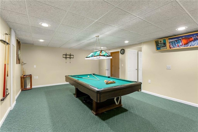 rec room with recessed lighting, pool table, carpet flooring, and baseboards