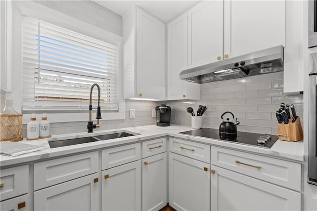 6160 Lake Lanier Heights Rd, Buford, GA 30518 - kitchen featuring under cabinet range hood, black electric stovetop, backsplash, and white cabinetry