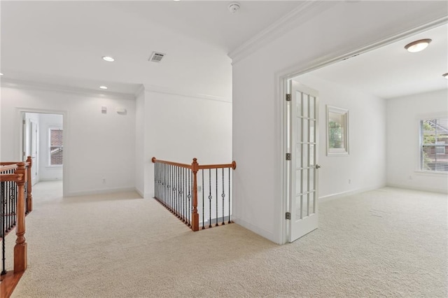 4540 Hastings Dr, Cumming, GA 30041 - corridor featuring an upstairs landing, carpet flooring, crown molding, recessed lighting, and baseboards