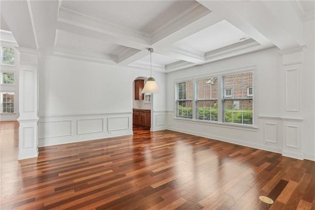 4540 Hastings Dr, Cumming, GA 30041 - unfurnished living room featuring ornate columns, dark wood-style flooring, coffered ceiling, beam ceiling, and a wainscoted wall