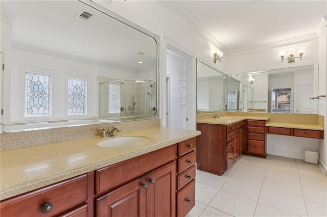 4540 Hastings Dr, Cumming, GA 30041 - bathroom with a stall shower, tile patterned floors, crown molding, and vanity