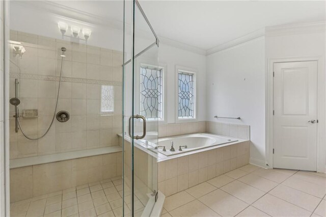 4540 Hastings Dr, Cumming, GA 30041 - full bath featuring crown molding, tile patterned floors, a garden tub, and a stall shower