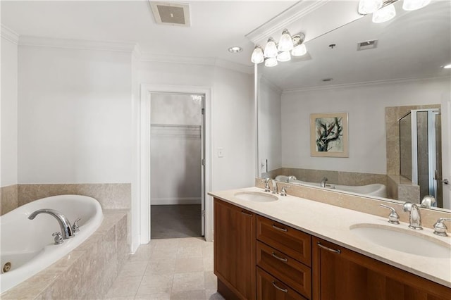 full bathroom featuring visible vents, ornamental molding, a sink, double vanity, and a spacious closet