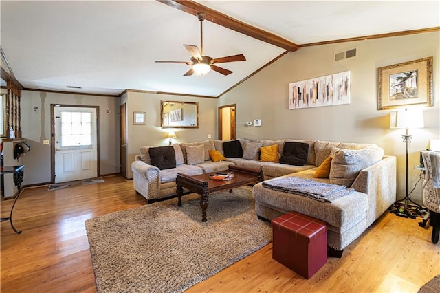 living room with lofted ceiling with beams, ceiling fan, and wood-type flooring