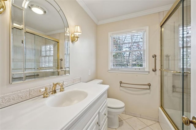 full bathroom featuring crown molding, enclosed tub / shower combo, vanity, tile patterned floors, and toilet