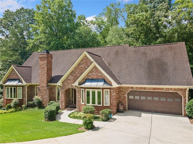 3436 Laurelwood Ct NE, Roswell, GA 30075 - view of front facade with driveway, brick siding, a garage, and a front lawn