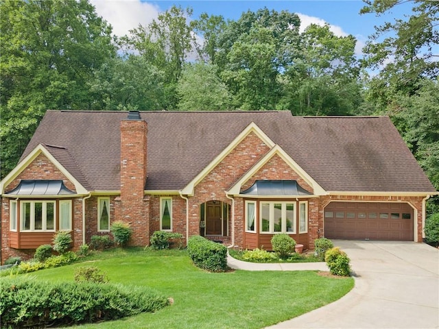 3436 Laurelwood Ct NE, Roswell, GA 30075 - view of front of house with a garage, concrete driveway, a chimney, a front yard, and brick siding