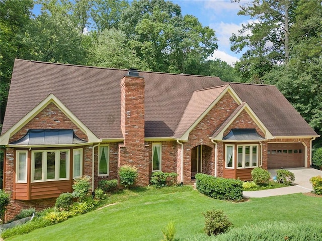 3436 Laurelwood Ct NE, Roswell, GA 30075 - view of front of home with an attached garage, a front yard, a chimney, driveway, and roof with shingles