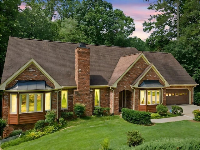 3436 Laurelwood Ct NE, Roswell, GA 30075 - view of front of house featuring an attached garage, a yard, a chimney, driveway, and roof with shingles