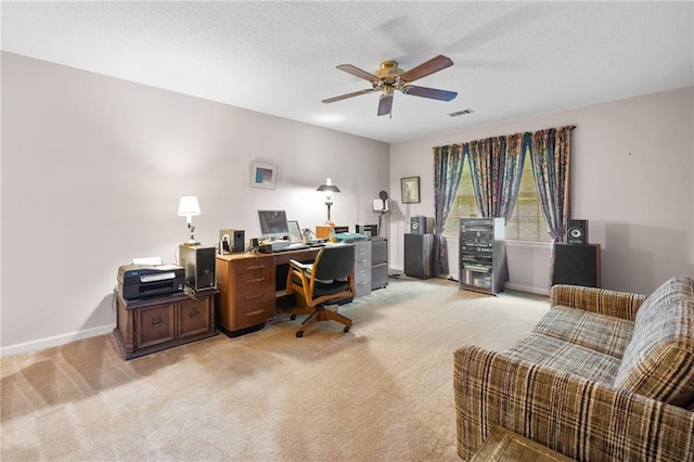 3436 Laurelwood Ct NE, Roswell, GA 30075 - office with light carpet, ceiling fan, and a textured ceiling