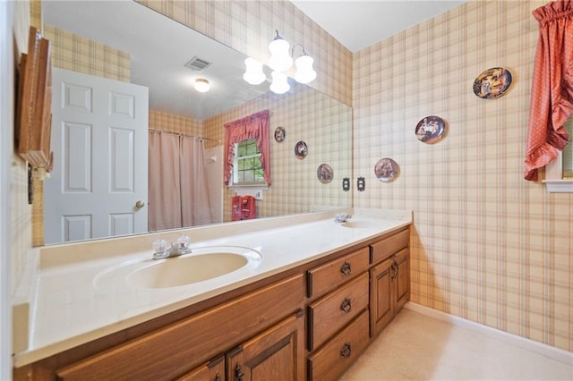 3436 Laurelwood Ct NE, Roswell, GA 30075 - bathroom with wallpapered walls, double vanity, a chandelier, and a shower with shower curtain