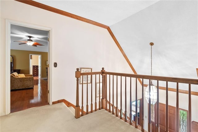 3436 Laurelwood Ct NE, Roswell, GA 30075 - hallway featuring an upstairs landing, carpet, and crown molding