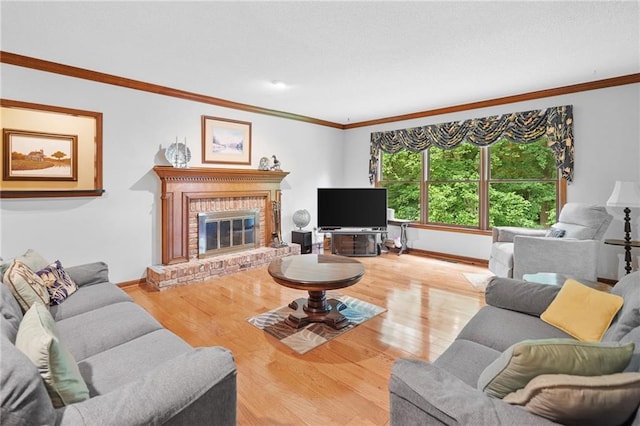 3436 Laurelwood Ct NE, Roswell, GA 30075 - living room with ornamental molding, wood finished floors, and a fireplace